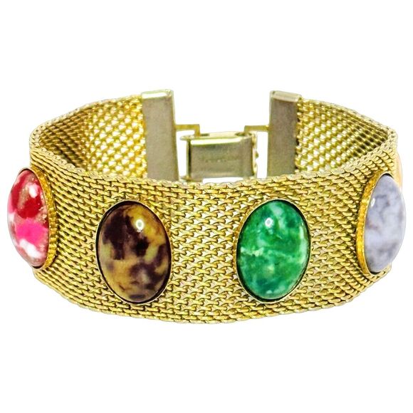 VTG Sarah Coventry Glass Cabochon Mesh Bracelet 8" Gold Tone Wide Multicolor - Picture 2 of 14